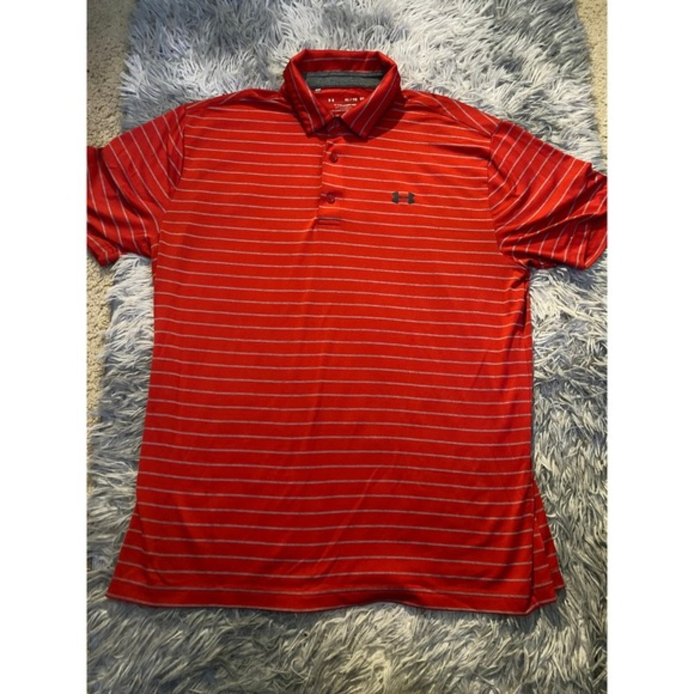 Under Armour Men's XL Red Gray Striped Polo Golf Shirt Loose Fit Short Sleeve
